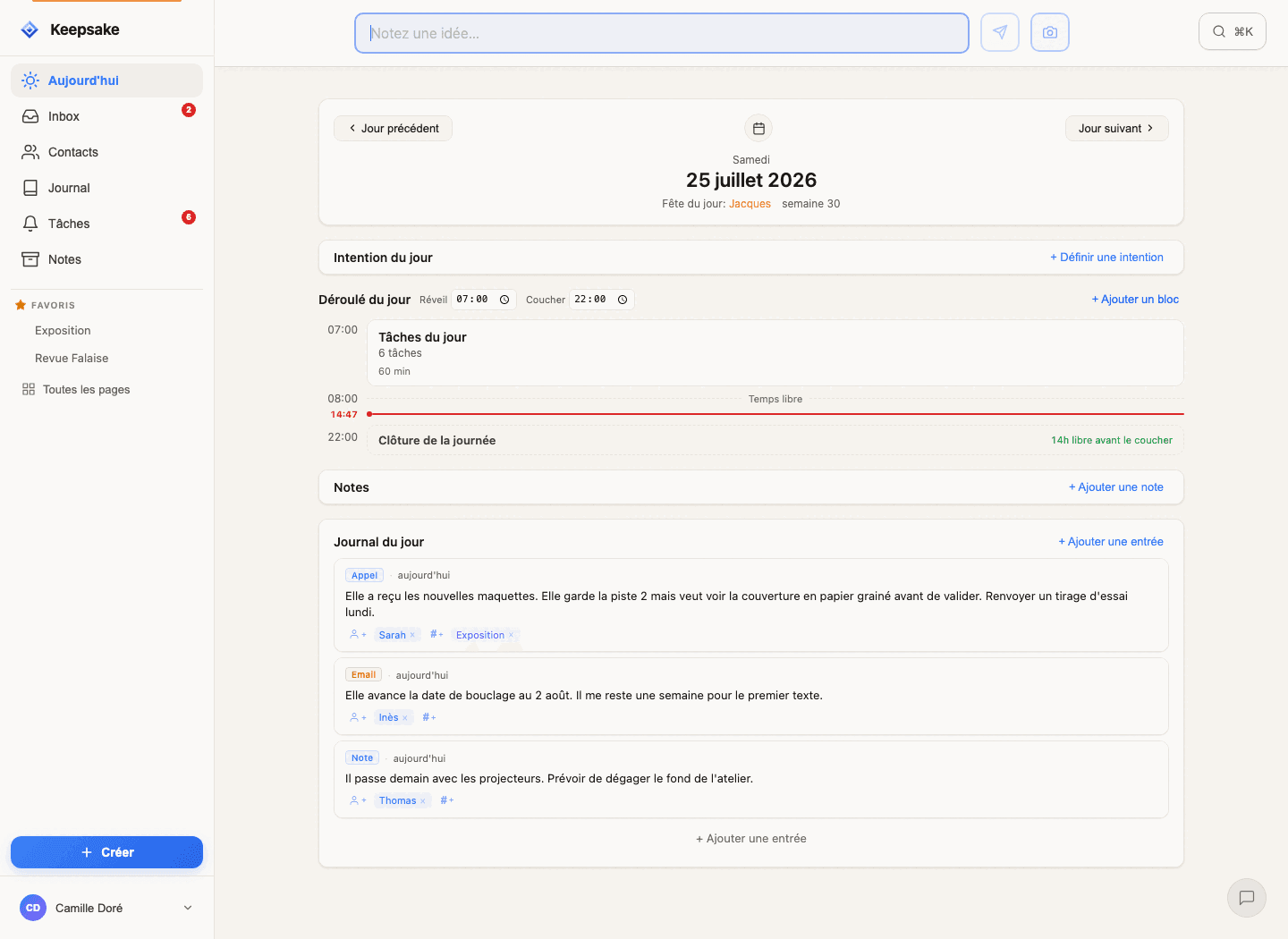La barre de capture QuickNote de Keepsake, avec son bouton photo, au-dessus de la vue Aujourd'hui