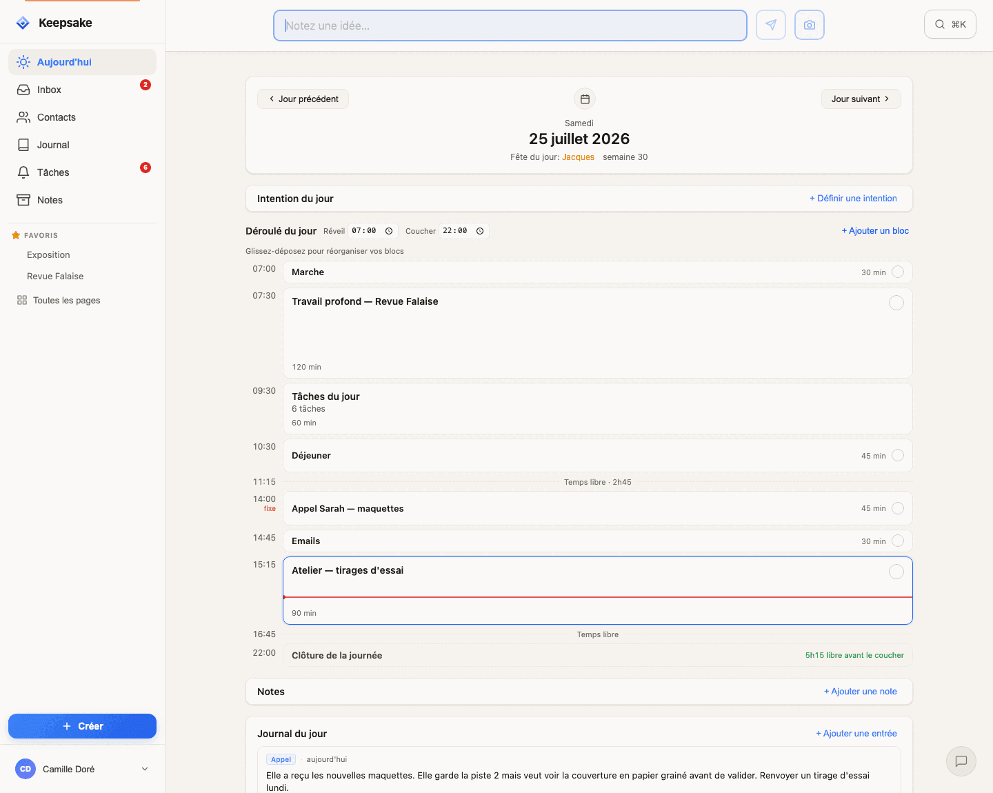 Vue Aujourd'hui de Keepsake : tâches, notes et contacts au même endroit