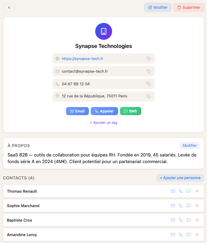 Fiche entreprise dans Keepsake