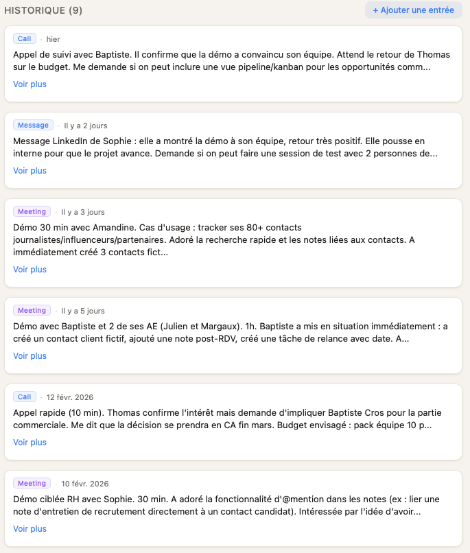 Historique des interactions dans Keepsake