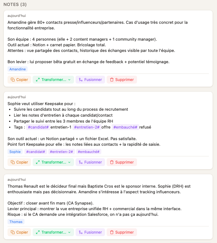 Notes liées à une entreprise dans Keepsake