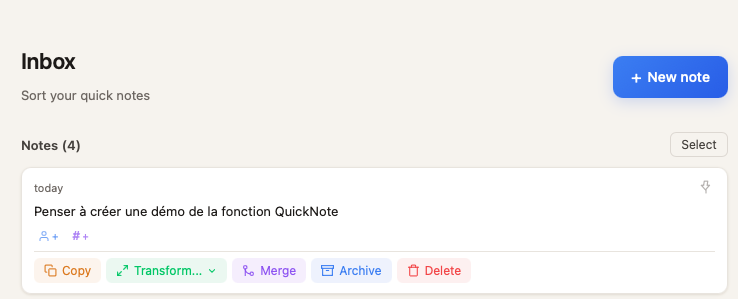 Note dans l'Inbox de Keepsake